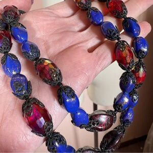 Hobe Vintage 1940 50's Retro red blue Art glass Double strand Necklace signed
